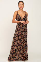 Black Floral V-Neck Cross Back Maxi Dress