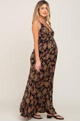 Black Floral V-Neck Cross Back Maternity Maxi Dress