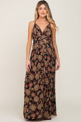 Black Floral V-Neck Cross Back Maternity Maxi Dress