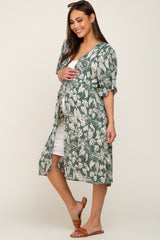 Green Palm Print Front Tie Short Sleeve Maternity Cover Up