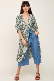 Green Palm Print Front Tie Short Sleeve Cover Up