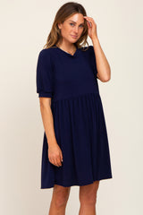 Navy High Neck Puff Sleeve Maternity Dress