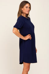 Navy High Neck Puff Sleeve Dress