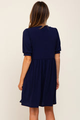 Navy High Neck Puff Sleeve Dress