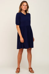 Navy High Neck Puff Sleeve Dress