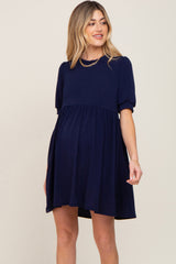 Navy High Neck Puff Sleeve Maternity Dress