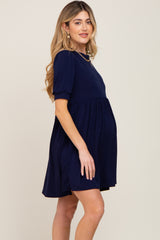 Navy High Neck Puff Sleeve Maternity Dress