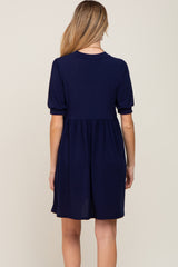 Navy High Neck Puff Sleeve Maternity Dress