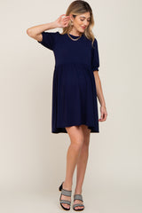 Navy High Neck Puff Sleeve Maternity Dress