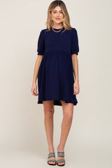 Navy High Neck Puff Sleeve Maternity Dress