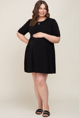 Black High Neck Puff Sleeve Maternity Plus Dress