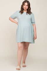 Light Green High Neck Puff Sleeve Maternity Plus Dress