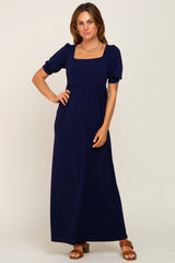 Navy Puff Sleeve Maternity Maxi Dress