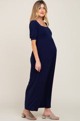 Navy Puff Sleeve Maternity Maxi Dress