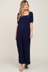 Navy Puff Sleeve Maternity Maxi Dress