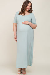 Light Green Puff Sleeve Maternity Maxi Plus Dress