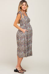 Purple Floral Square Neck Tie Sleeve Tiered Maternity Midi Dress