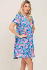 Blue Floral V-Neck Short Puff Sleeve Dress