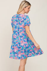 Blue Floral V-Neck Short Puff Sleeve Dress