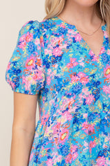 Blue Floral V-Neck Short Puff Sleeve Dress