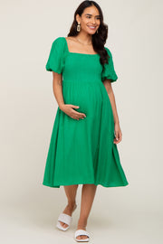 Green Smocked Puff Sleeve Maternity Midi Dress