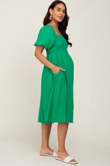 Green Smocked Puff Sleeve Maternity Midi Dress