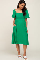 Green Smocked Puff Sleeve Maternity Midi Dress