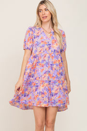 Lavender Floral V-Neck Short Puff Sleeve Dress