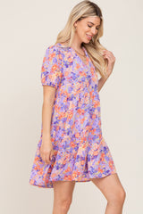 Lavender Floral V-Neck Short Puff Sleeve Dress