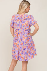 Lavender Floral V-Neck Short Puff Sleeve Dress