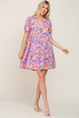 Lavender Floral V-Neck Short Puff Sleeve Dress