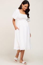 White Smocked Puff Sleeve Maternity Midi Dress