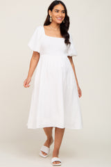 White Smocked Puff Sleeve Maternity Midi Dress