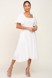 White Smocked Puff Sleeve Midi Dress