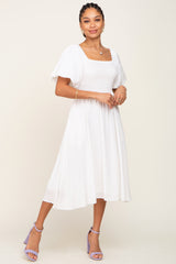 White Smocked Puff Sleeve Maternity Midi Dress