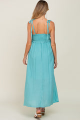 Turquoise Sleeveless Ruffle Trim Maternity Maxi Dress