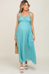 Turquoise Sleeveless Ruffle Trim Maternity Maxi Dress