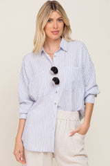 Light Blue Linen Striped Button Up Top