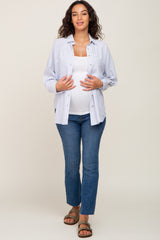 Light Blue Linen Striped Button Up Maternity Top