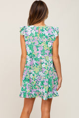 Green Floral Ruffle Sleeve Babydoll Dress