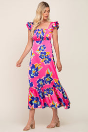 Fuchsia Floral Pleated Flounce Sleeve Maxi Dress