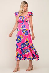 Fuchsia Floral Pleated Flounce Sleeve Maternity Maxi Dress