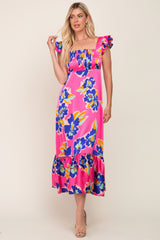 Fuchsia Floral Pleated Flounce Sleeve Maxi Dress