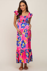 Fuchsia Floral Pleated Flounce Sleeve Maternity Maxi Dress