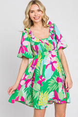 Green Floral Smocked Puff Sleeve Maternity Dress