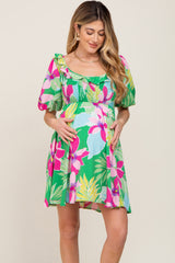 Green Floral Smocked Puff Sleeve Maternity Dress