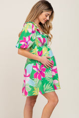 Green Floral Smocked Puff Sleeve Maternity Dress