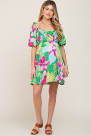 Green Floral Smocked Puff Sleeve Maternity Dress