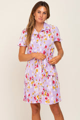 Lavender Floral Pleated Button Down Dress