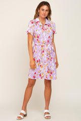 Lavender Floral Pleated Button Down Maternity Dress